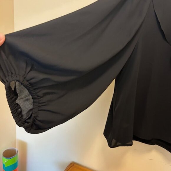 Ann Taylor Long Sleeve V Neck Black top with Ruffled V Neck and Billowy Sleeves. - Picture 3 of 5